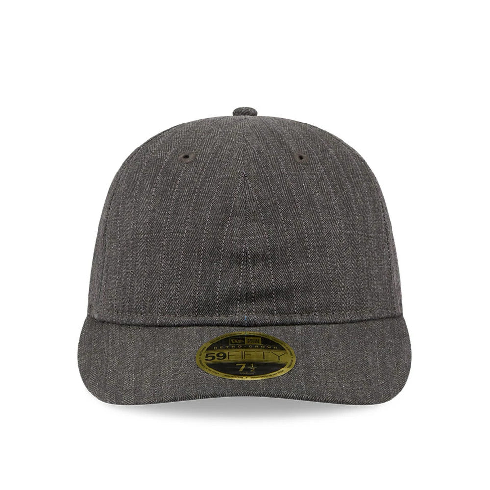 New Era Herringbone Charcoal Retro Crown 59FIFTY Fitted Cap, front view showing the herringbone pattern on the structured charcoal crown, a matching curved visor, and the gold 59FIFTY size sticker placed centrally on the visor.