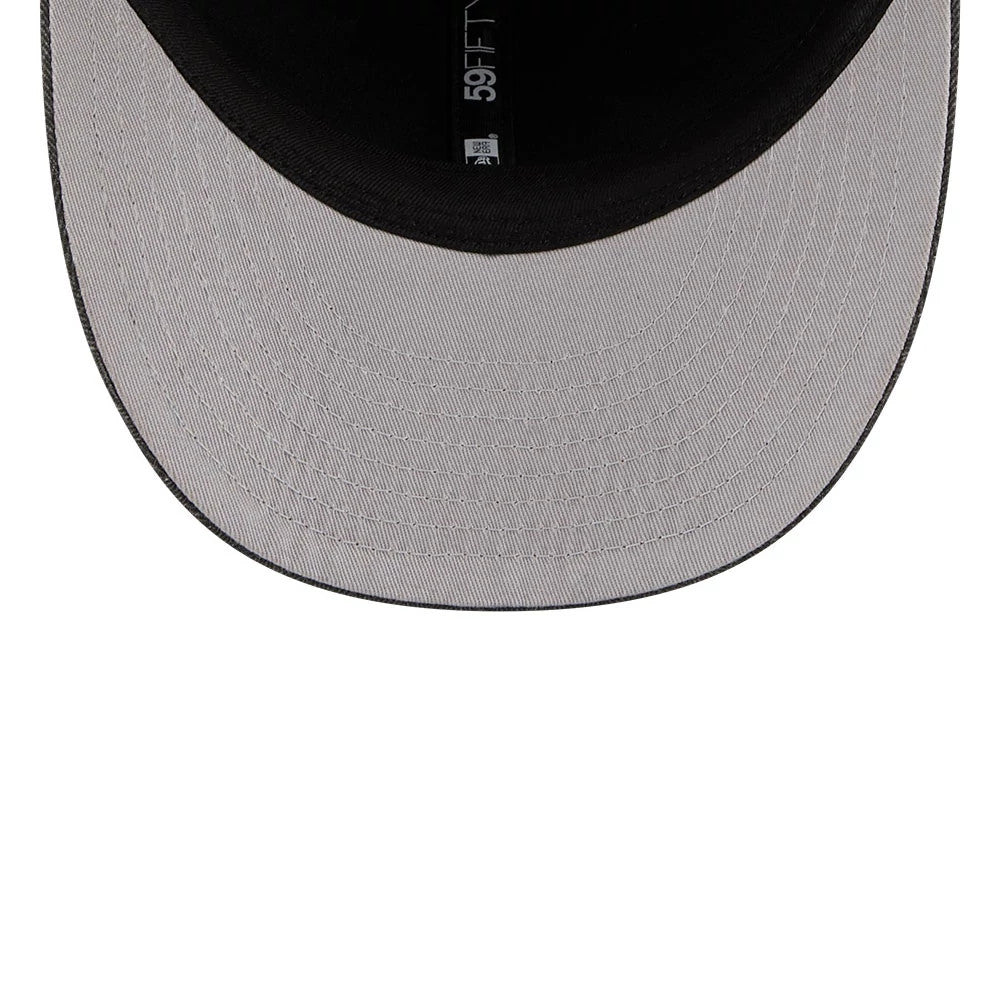 New Era Herringbone Charcoal Retro Crown 59FIFTY Fitted Cap, inside view showing a light grey undervisor with a black edge and stitching, alongside black sweatband and taping featuring the 59FIFTY logo in contrasting white font.
