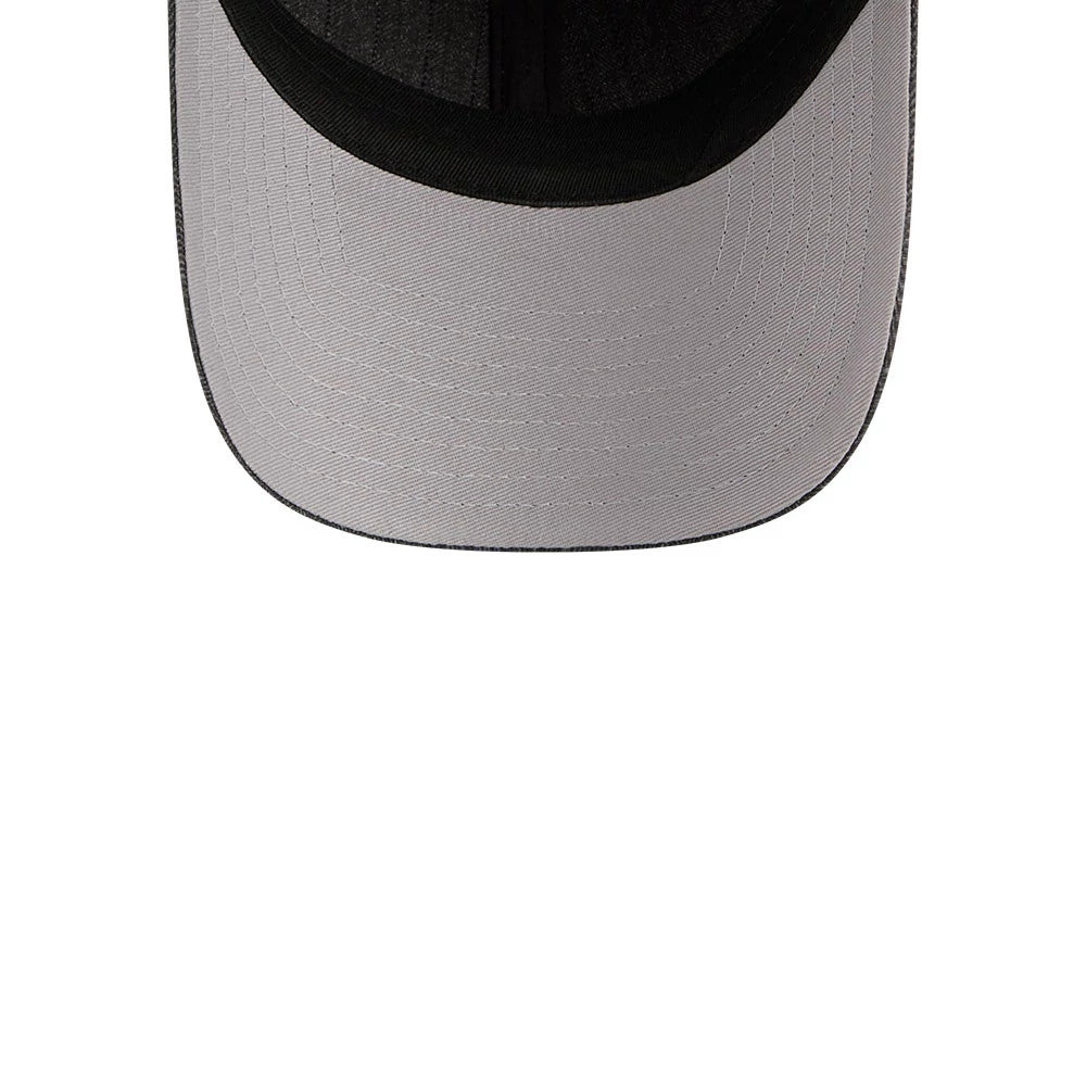New Era Herringbone Pinstripe Charcoal Casual Classic Adjustable Cap, inside view showing a grey underside of the curved visor with black fabric taping along the seams and a dark sweatband lining the base of the crown.