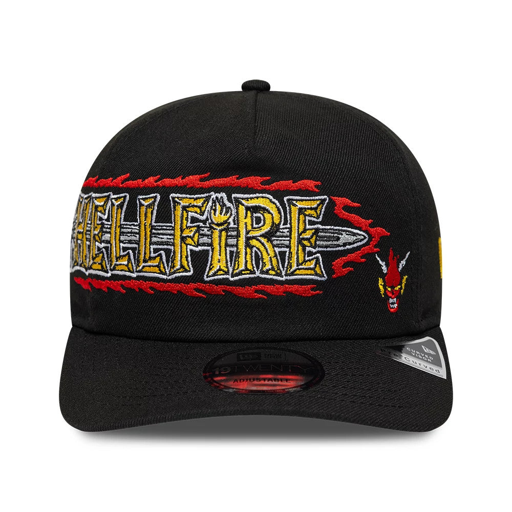 Netflix Stranger Things Hellfire Black New Era 19TWENTY Adjustable Hat, front view showing the Hellfire logo in yellow with red flames embroidered on the structured black crown, featuring a red demon face on the right side.