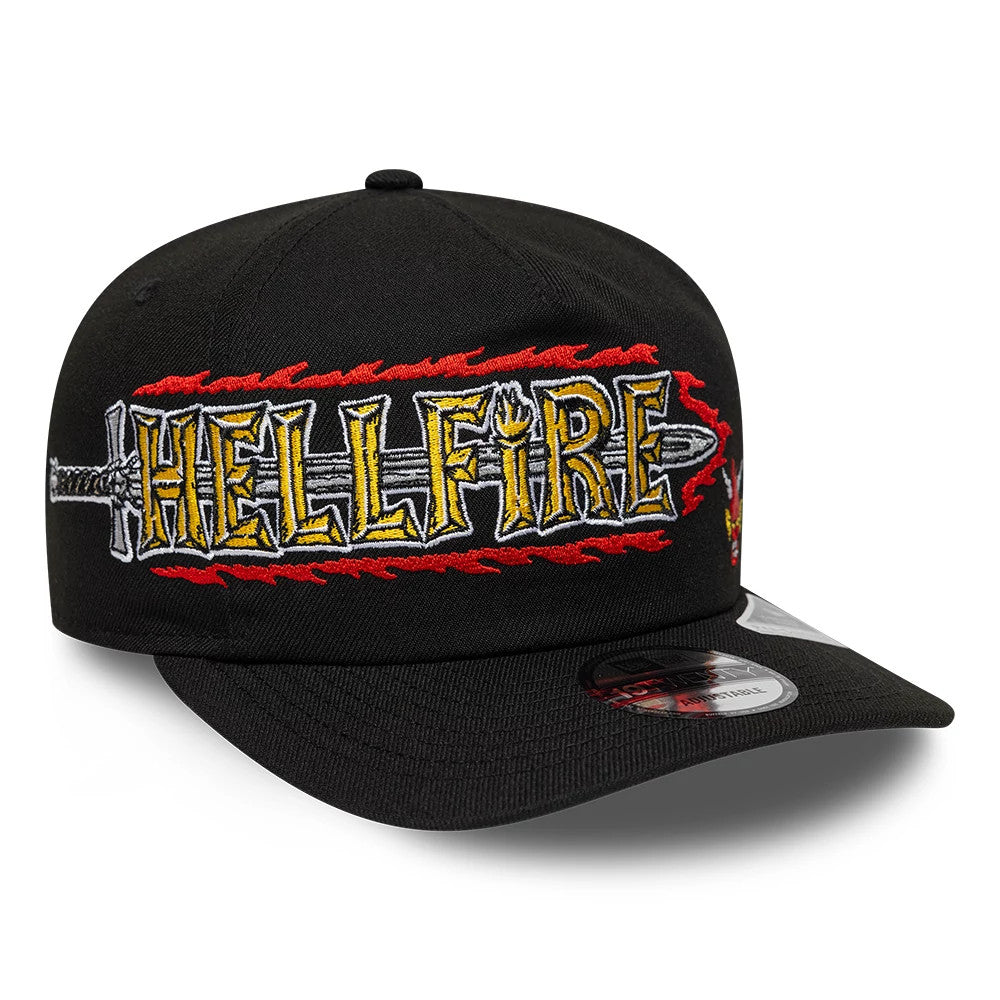 Netflix Stranger Things Hellfire Black New Era 19TWENTY Adjustable Hat, front view showing the large raised embroidered Hellfire graphic with yellow letters and red flames across the front panel, with a 19TWENTY size sticker on the black flat visor.
