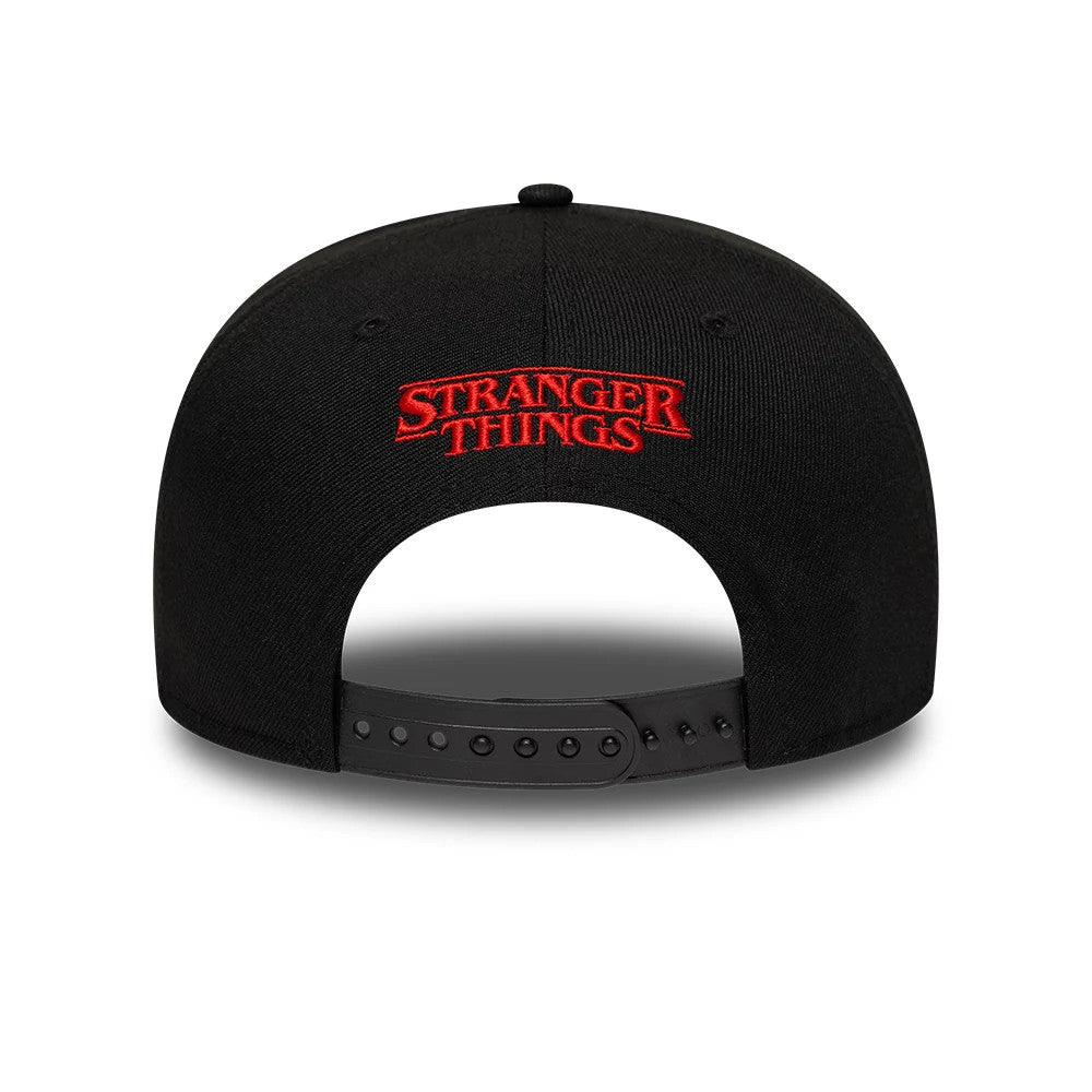 Netflix Stranger Things Hellfire Black New Era 19TWENTY Adjustable Hat, rear view showcasing the red embroidered Stranger Things logo centred on the black back panels, with an adjustable black strap and matching top button.