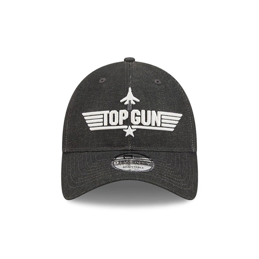 Top Gun Black New Era 9TWENTY Adjustable Cap, front view showing the white embroidered Top Gun logo with a fighter jet design on the structured black crown, featuring a curved black visor and a 9TWENTY size sticker on the front panel.