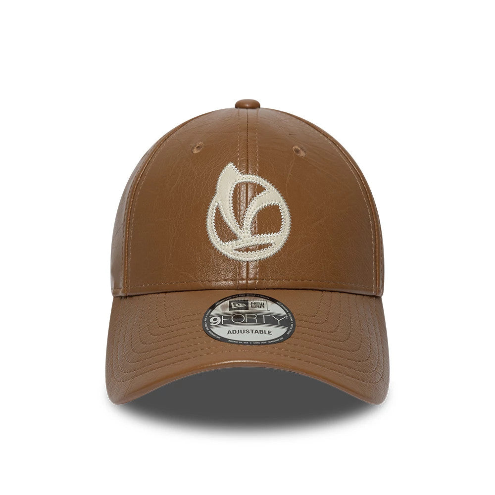 Vespa Crinkle PU Dark Brown New Era 9FORTY Adjustable Cap, front view showing a cream embroidered Vespa logo on the structured crinkle-effect dark brown crown, curved visor with a 9FORTY size sticker, and matching dark brown top button.