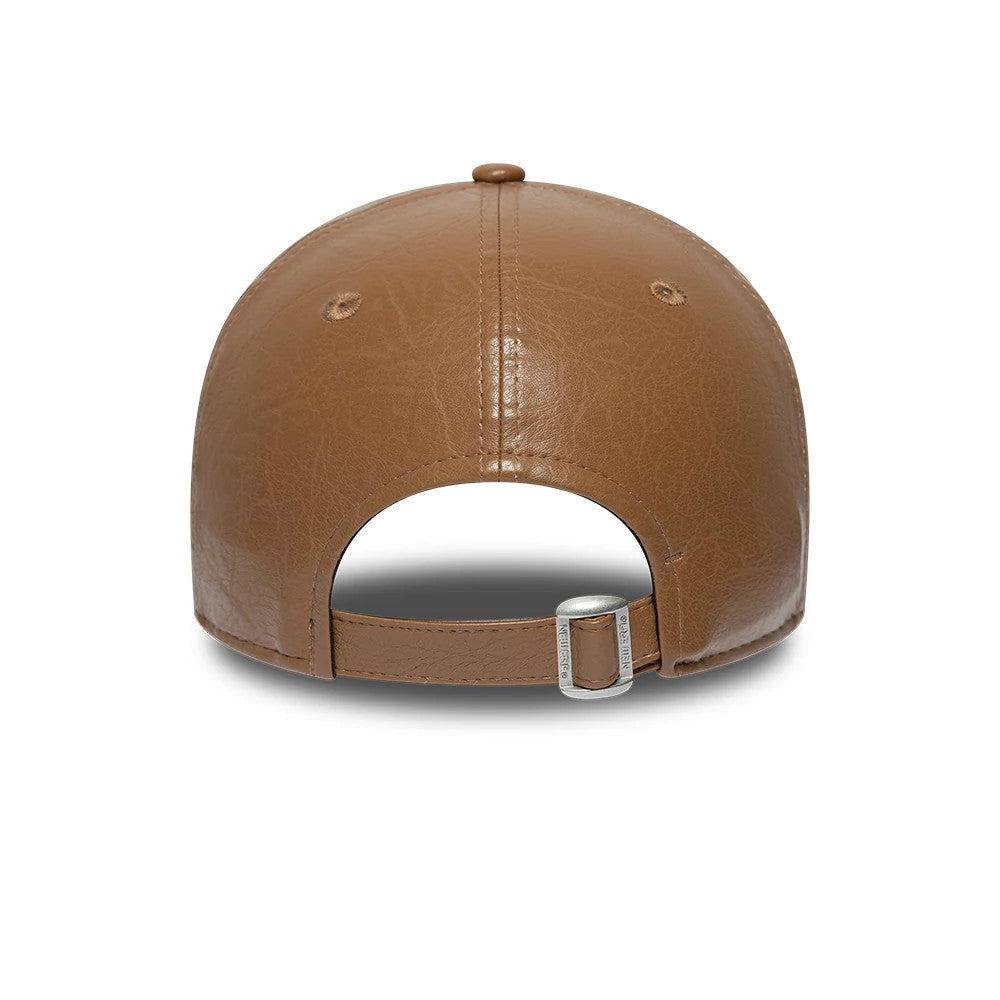Vespa Crinkle PU Dark Brown New Era 9FORTY Adjustable Cap, rear view showing the textured crinkle design of the dark brown panels, with a fabric strap and silver buckle for size adjustment, topped with a matching dark brown button.