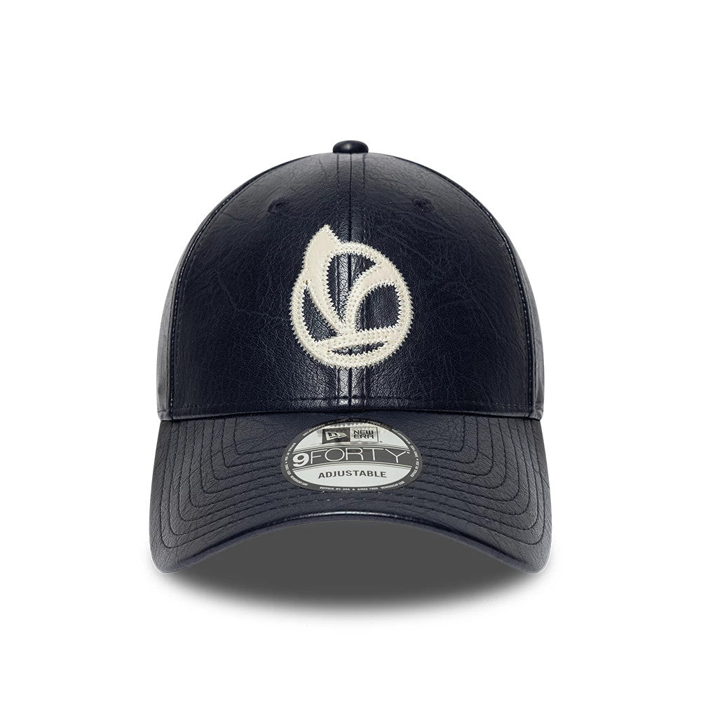 Vespa Crinkle PU Navy New Era 9FORTY Adjustable Cap, front view showing a white embroidered Vespa logo on the structured navy crown, with a matching navy curved visor and a 9FORTY size sticker at the centre.