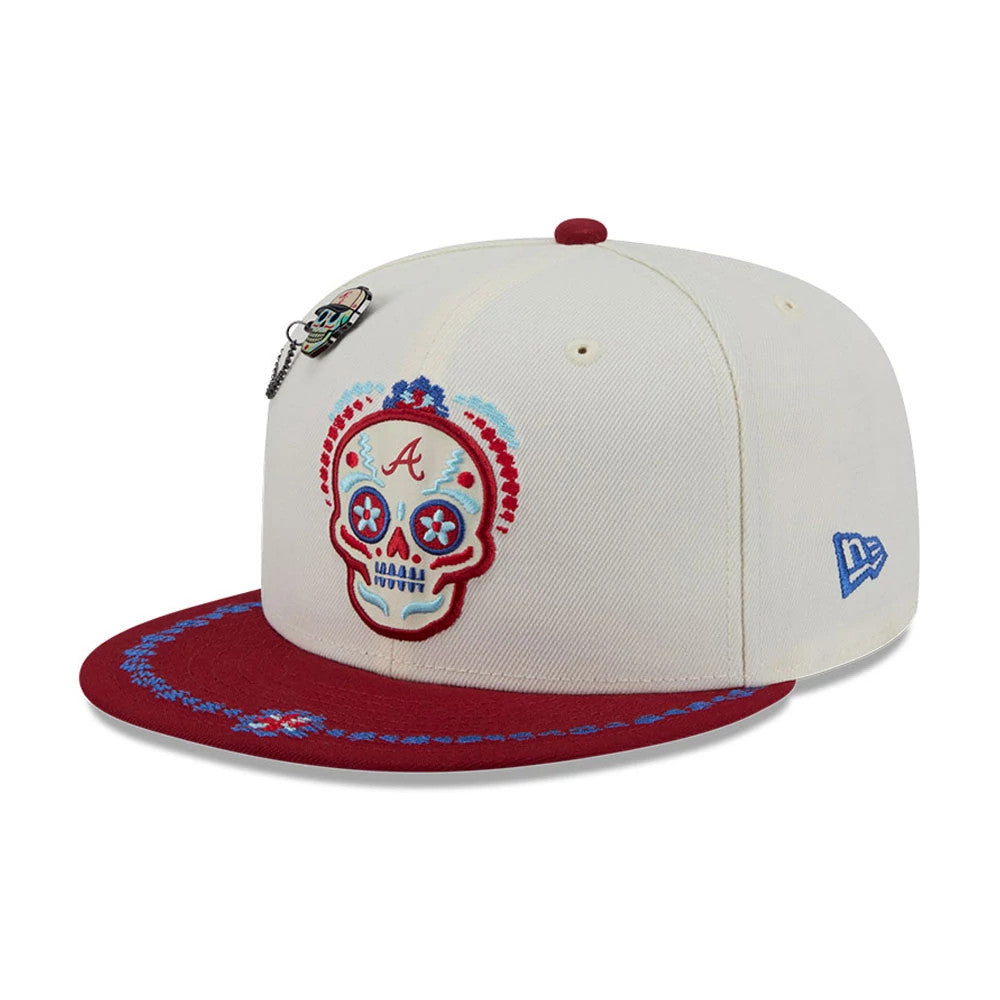 Pictured is this MLB Day Of The Dead Atlanta Braves 59FIFTY Fitted cap in light beige & dark red. 4