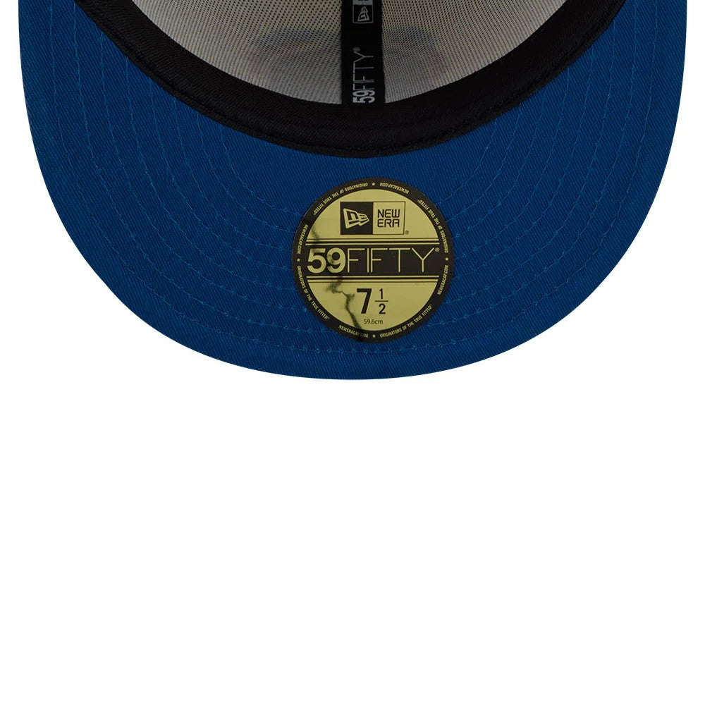 Braves MLB Day Of The Dead Light Beige & Dark Red New Era 59FIFTY Fitted Cap, inside view showing the contrast blue undervisor with a gold New Era 59FIFTY size sticker, black sweatband, and grey taping featuring the 59FIFTY logo.