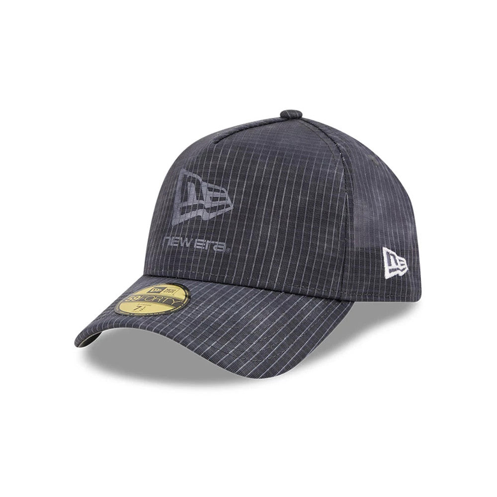 New Era Check Dark Grey New Era 59FORTY A-Frame Fitted Cap, three-quarter view showing a grey embroidered New Era logo on the front panel, white New Era flag logo on the left side, and a gold 59FORTY size sticker on the dark grey pinstriped visor.