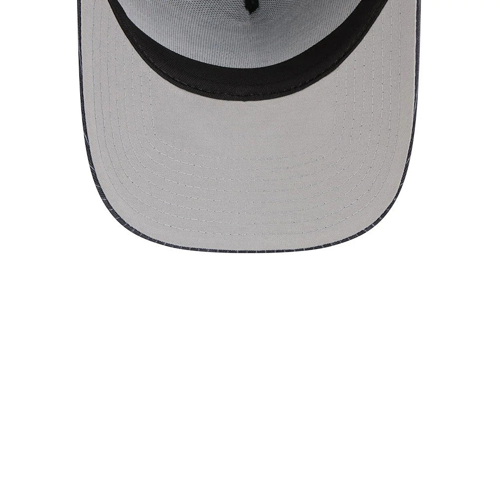 New Era Check Dark Grey 59FORTY A-Frame Fitted Cap, inside view showing a light grey undervisor, black interior taping running across panels, and a contrasting dark sweatband encircling the base for added comfort and structured fit.