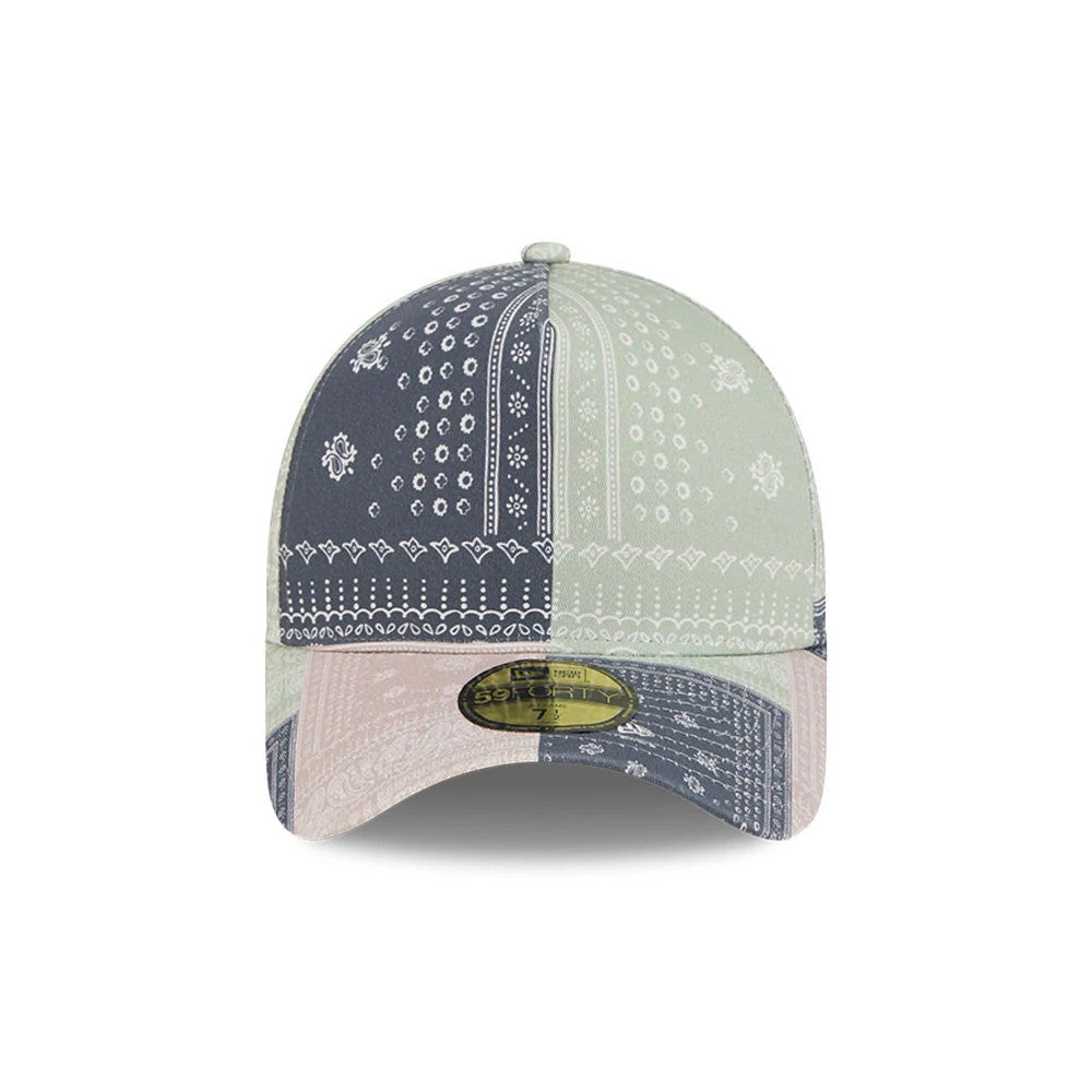 New Era Patchwork Bandana Multi 59FORTY A-Frame Fitted Cap, front view showing a multi-coloured bandana pattern across the structured crown with intricate white details, a flat visor underneath.