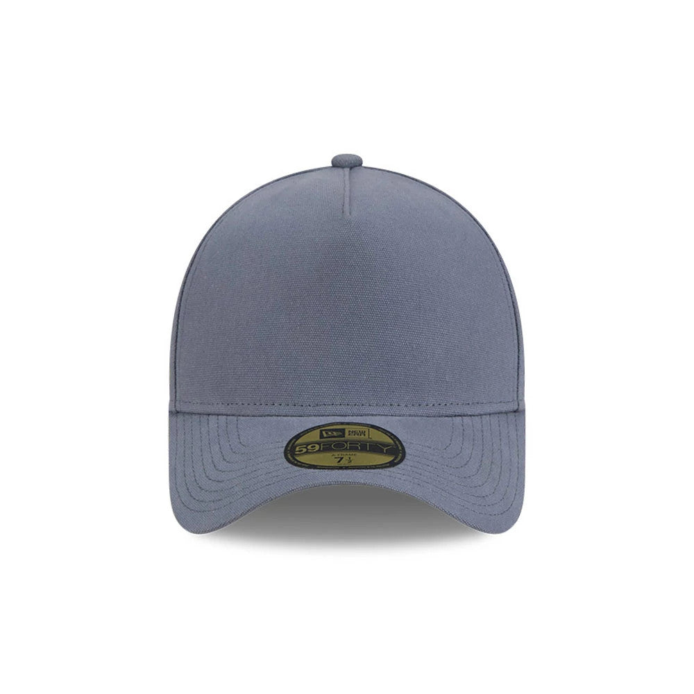 New Era Denim Dark Blue 59FORTY A-Frame Fitted Cap, front view showing a seamless dark blue front panel with a matching curved visor and a gold 59FORTY size sticker centred on the visor.