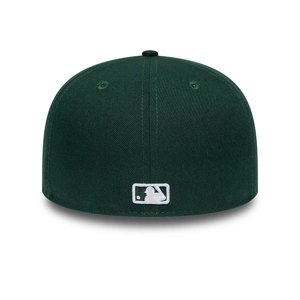 New York Yankees MLB League Essential Dark Green New Era 59FIFTY Fitted Cap, rear view showing the white embroidered MLB Batterman logo at the centre back, with green eyelets and a structured dark green crown.