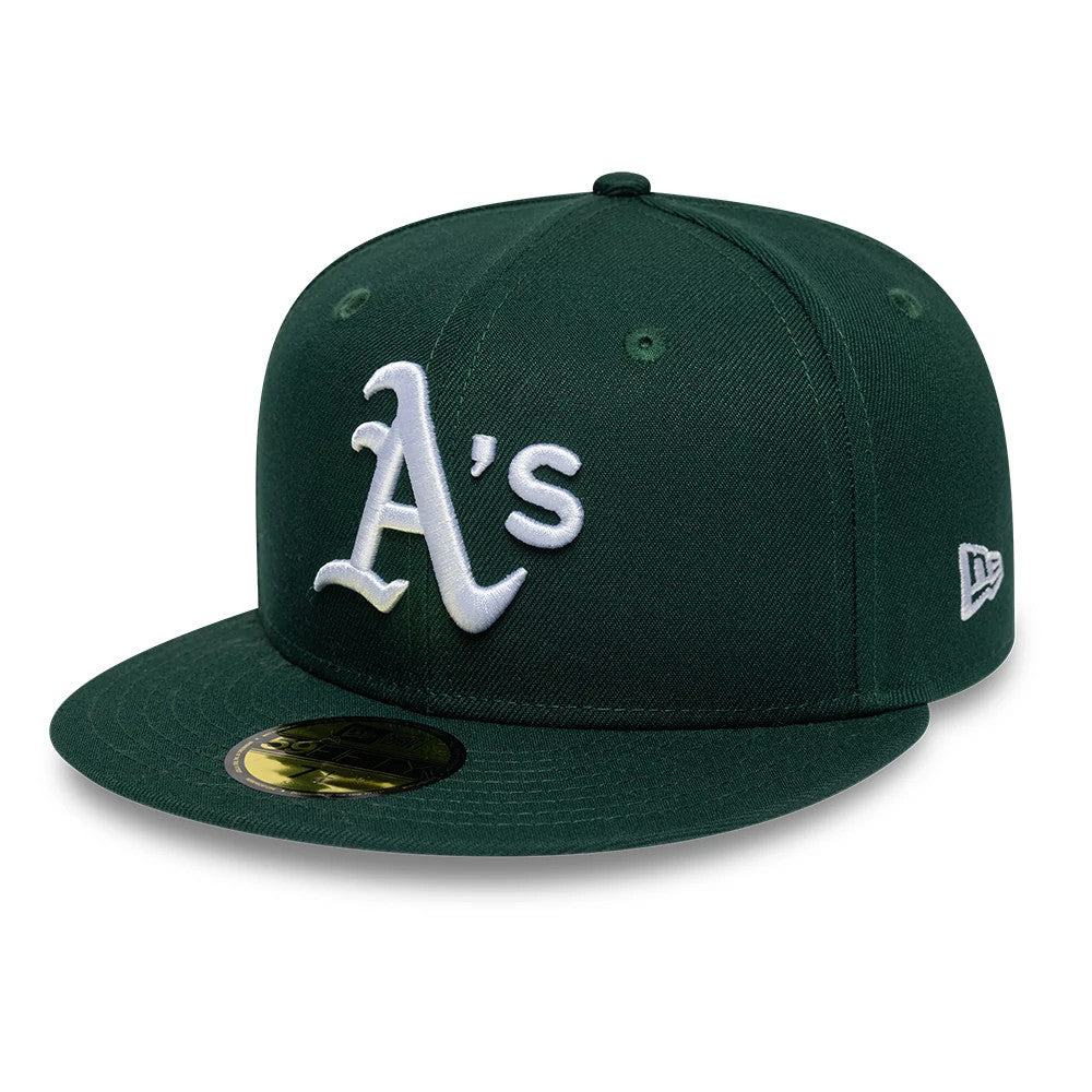 Pictured is this MLB League Essential Athletics 59FIFTY Fitted cap in dark green. 1