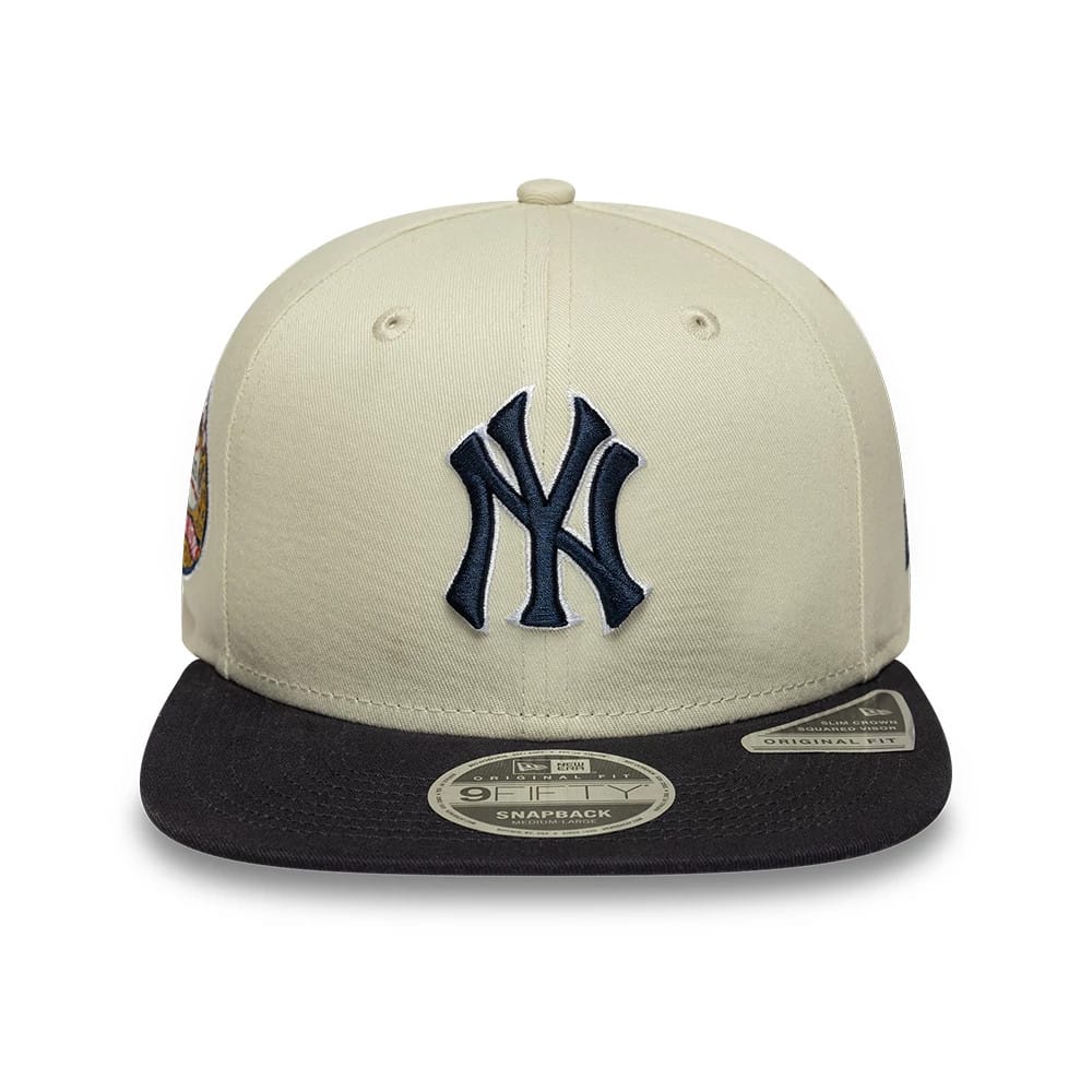 Pictured is this MLB World Series Patch New York Yankees 9FIFTY Snapback Adjustable cap in light beige. 2