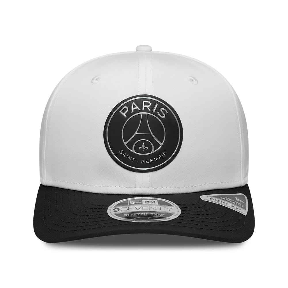 Pictured is this Paris Saint-Germain Metallic 9SEVENTY Stretch Snap Adjustable cap in white. 2