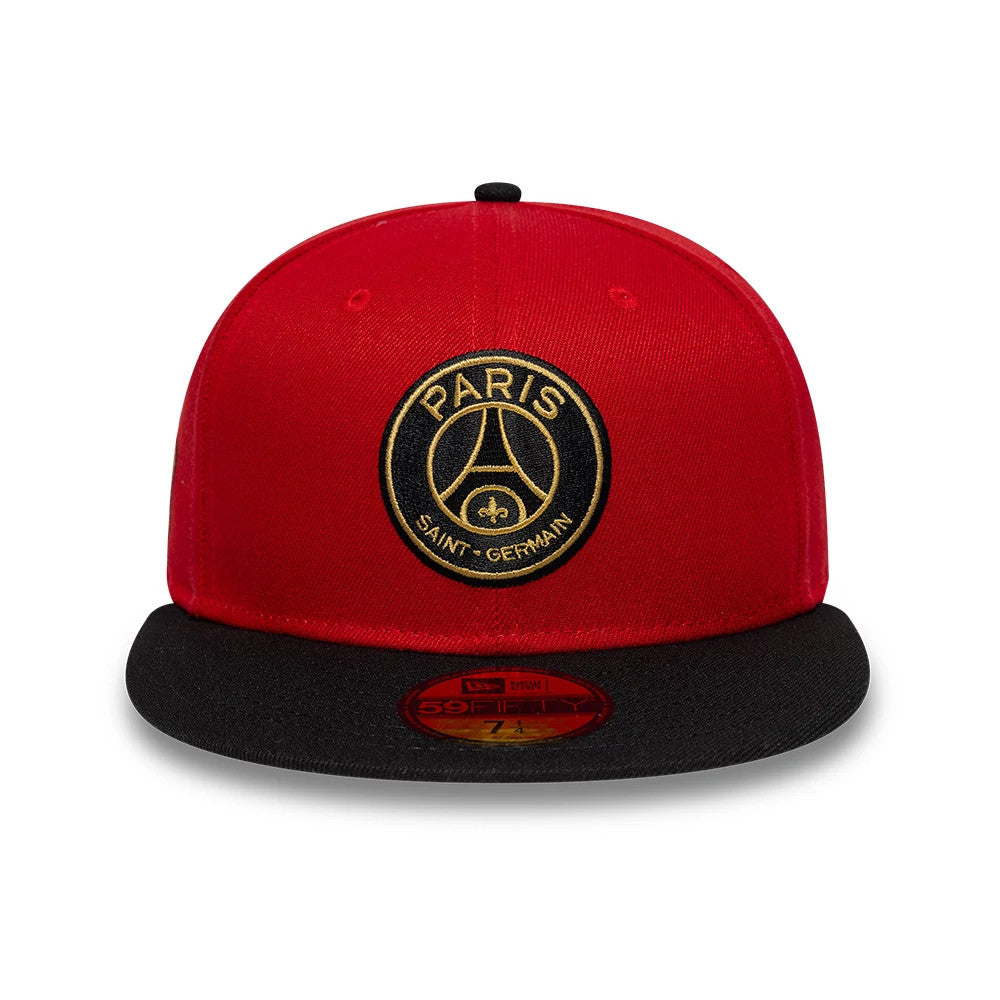 Paris Saint-Germain Chinese New Year Red New Era 59FIFTY Fitted Cap, front view showing a black and gold embroidered Paris Saint-Germain logo on the red structured crown, with a black flat visor and a gold 59FIFTY size sticker on top.