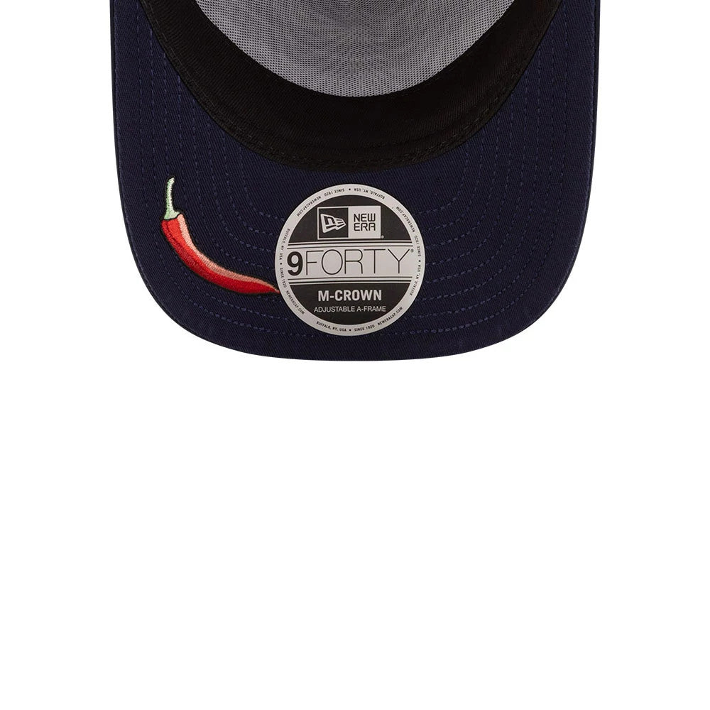 Williams Carlos Sainz Miami Navy New Era 9FORTY M-Crown A-Frame Adjustable Cap, front view showing a red chilli pepper embroidered on the left side of the curved navy visor with a 9FORTY size sticker centrally placed.