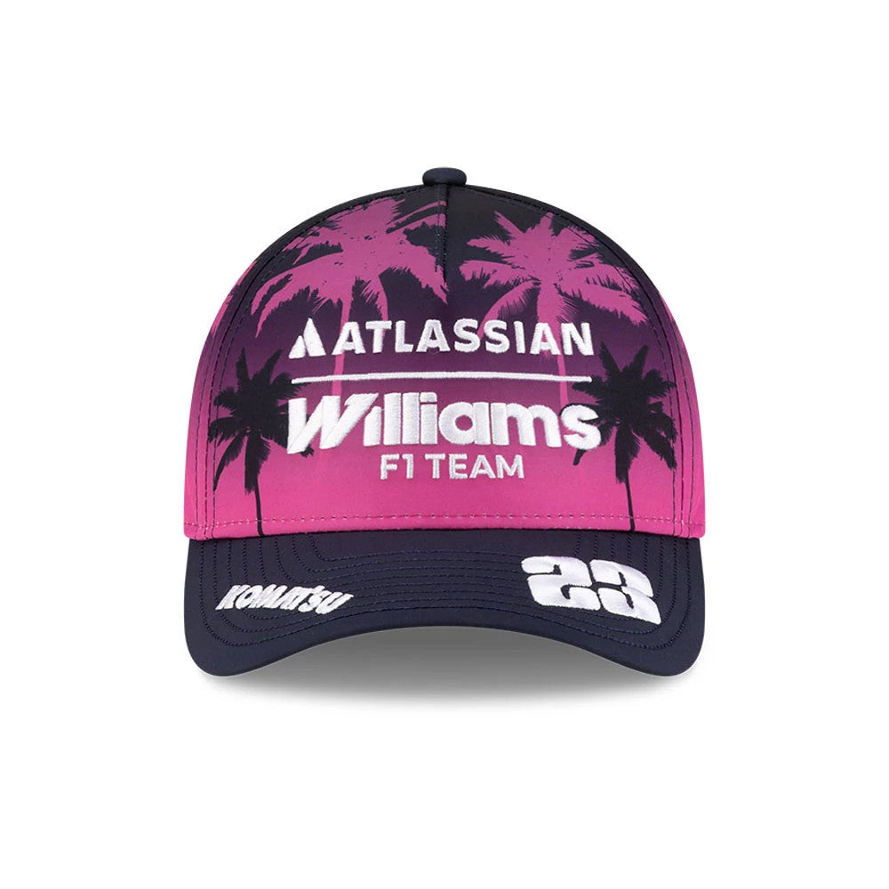 Williams Alex Albon Miami Navy New Era 9FORTY M-Crown A-Frame Adjustable Cap, front view showing the embroidered Atlassian and Williams F1 Team logos with palm tree graphics on the crown in pink and navy, and Komatsu and 23 on the visor.