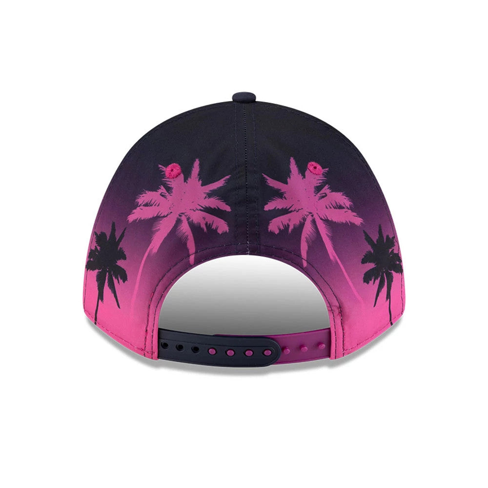 Williams Alex Albon Miami Navy New Era 9FORTY M-Crown A-Frame Adjustable Cap, rear view showing a pink and black palm tree graphic design across the back panels, with a navy blue adjustable strap featuring pink accents.