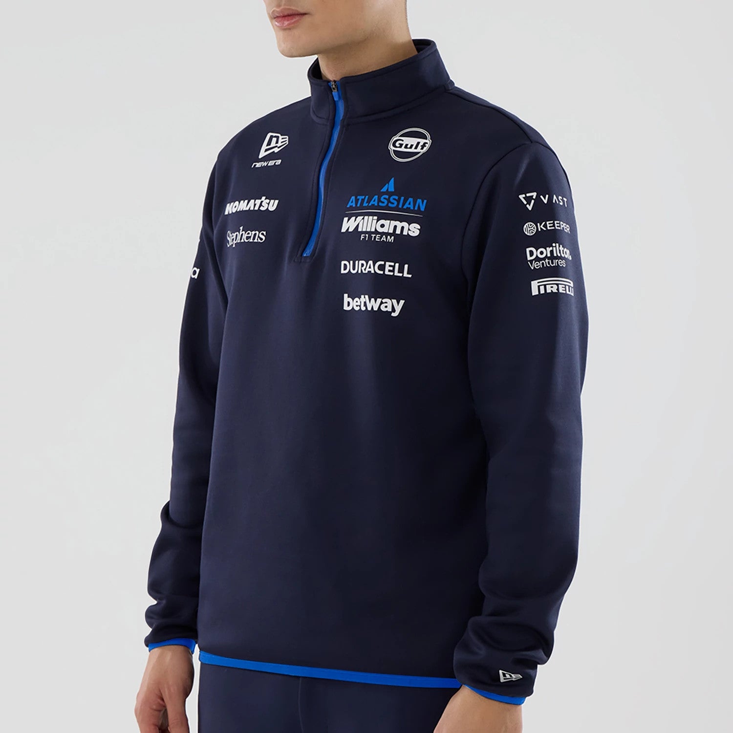 The model is wearing this Atlassian Williams F1 Team Mid Layer 1/4 Zip Sweatshirt in navy. 4