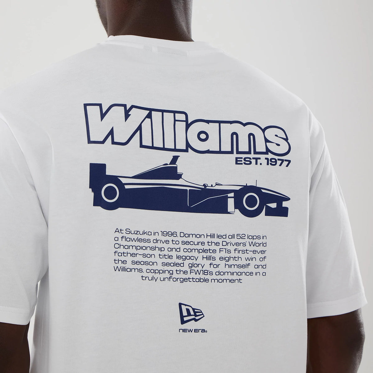 New Era Williams Japan 1996 Script White Oversized T-Shirt, back view on-model showing a large blue graphic of a racing car with Williams text above it, Est. 1977 to the side and detailed text below, with a printed New Era logo at the bottom.