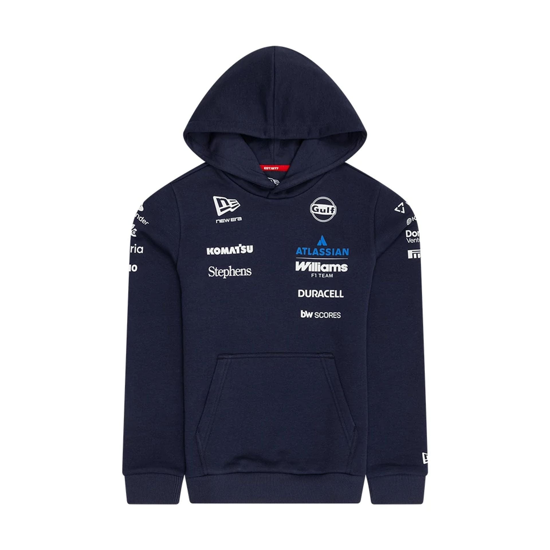 The model is wearing this Youth Replica Atlassian Williams F1 Team Pullover Hoodie in navy. 1