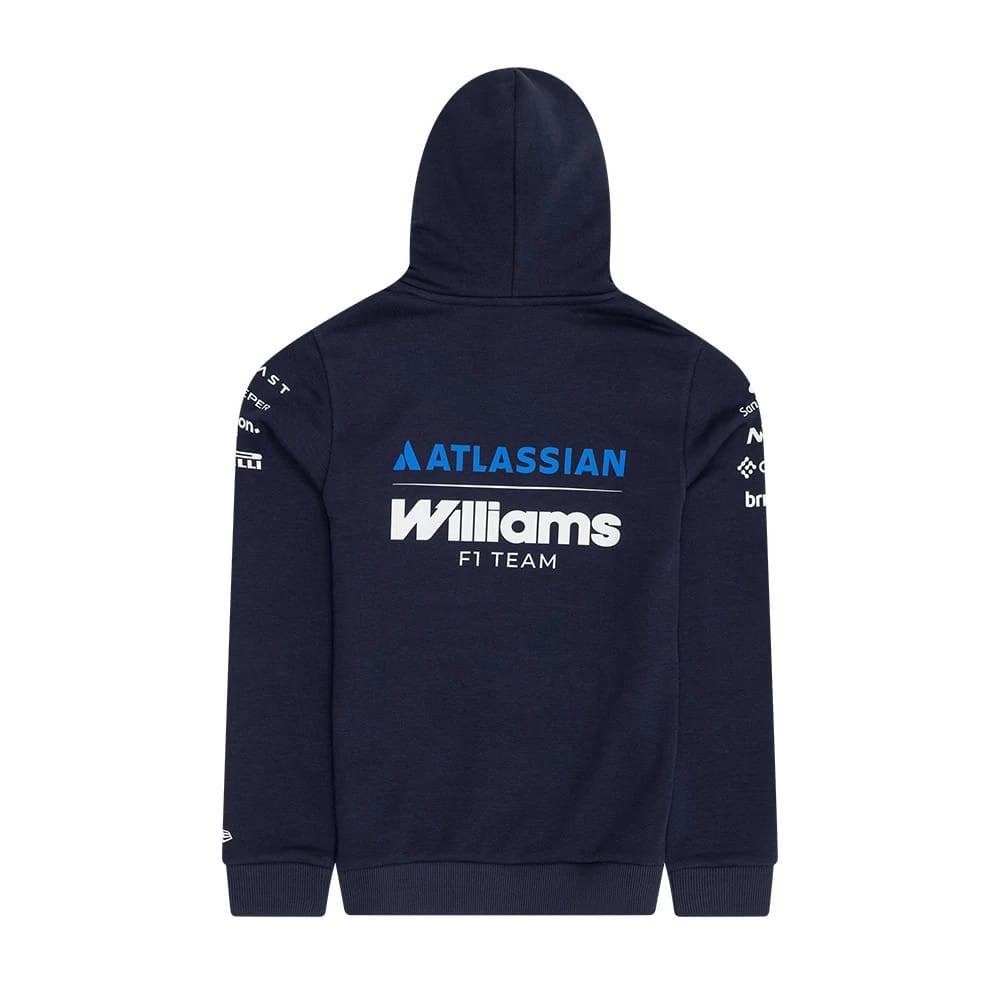 The model is wearing this Youth Replica Atlassian Williams F1 Team Pullover Hoodie in navy. 2