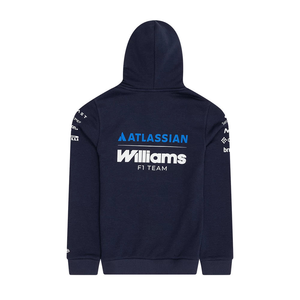 New Era Williams Youth Replica Navy Pullover Hoodie, back view featuring a blue and white printed Atlassian logo across the upper back, Williams F1 Team lettering underneath, and various sponsor logos printed down the sleeves.