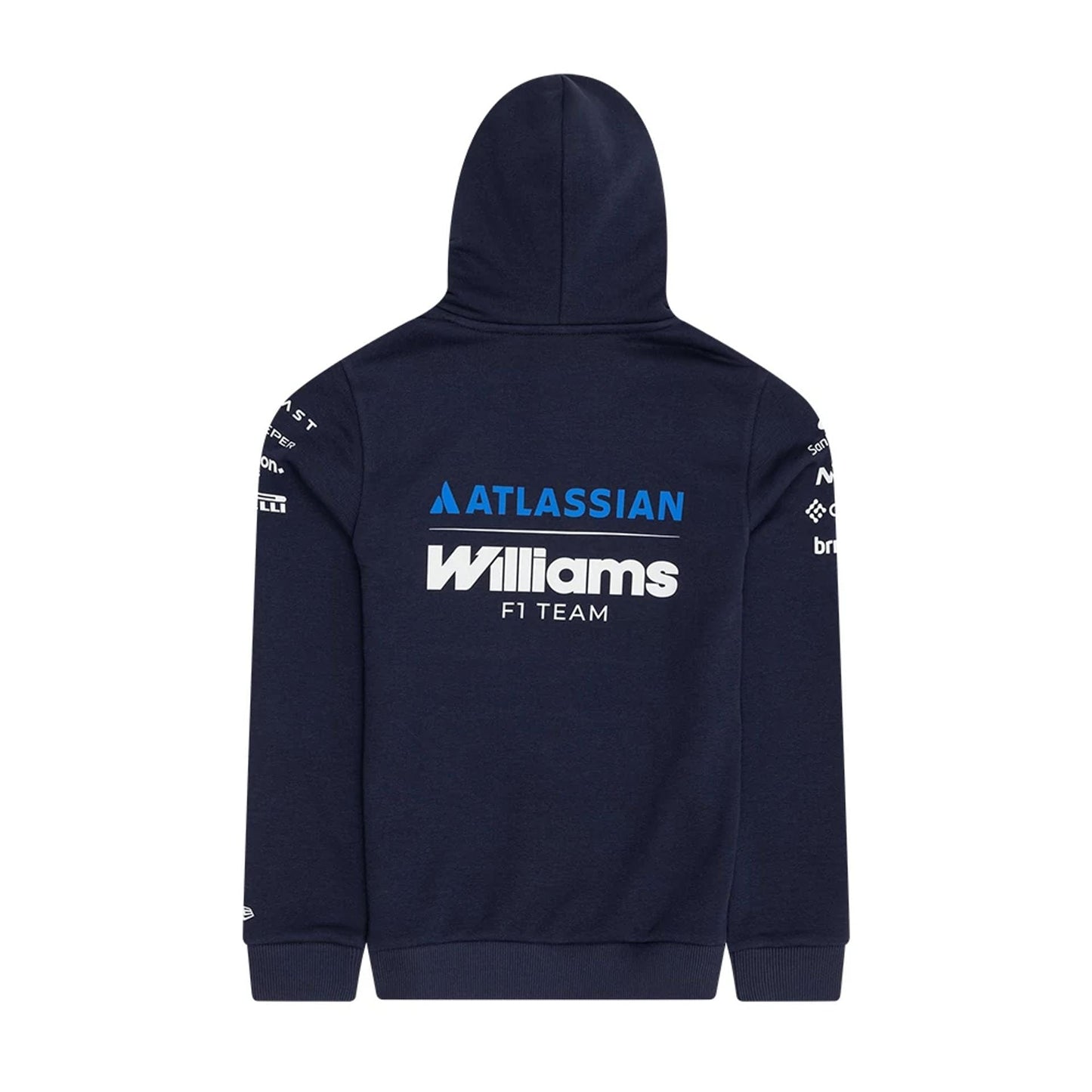 New Era Williams Youth Replica Navy Pullover Hoodie, back view featuring a blue and white printed Atlassian logo across the upper back, Williams F1 Team lettering underneath, and various sponsor logos printed down the sleeves.