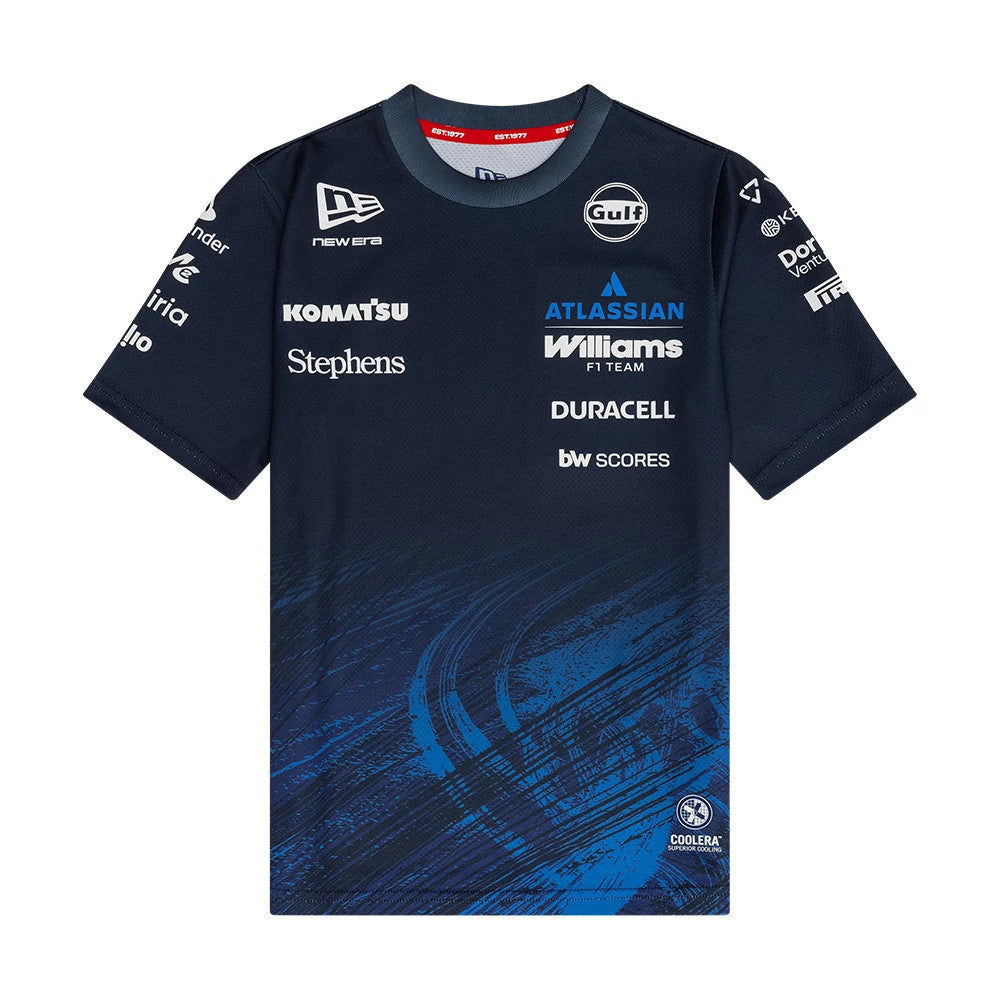 New Era Williams Youth Navy Tech T-shirt, front view showcasing a navy shirt with sponsor logos including an embroidered New Era logo on the right shoulder, Williams F1 Team branding on the chest, and dynamic blue patterns across the lower front.