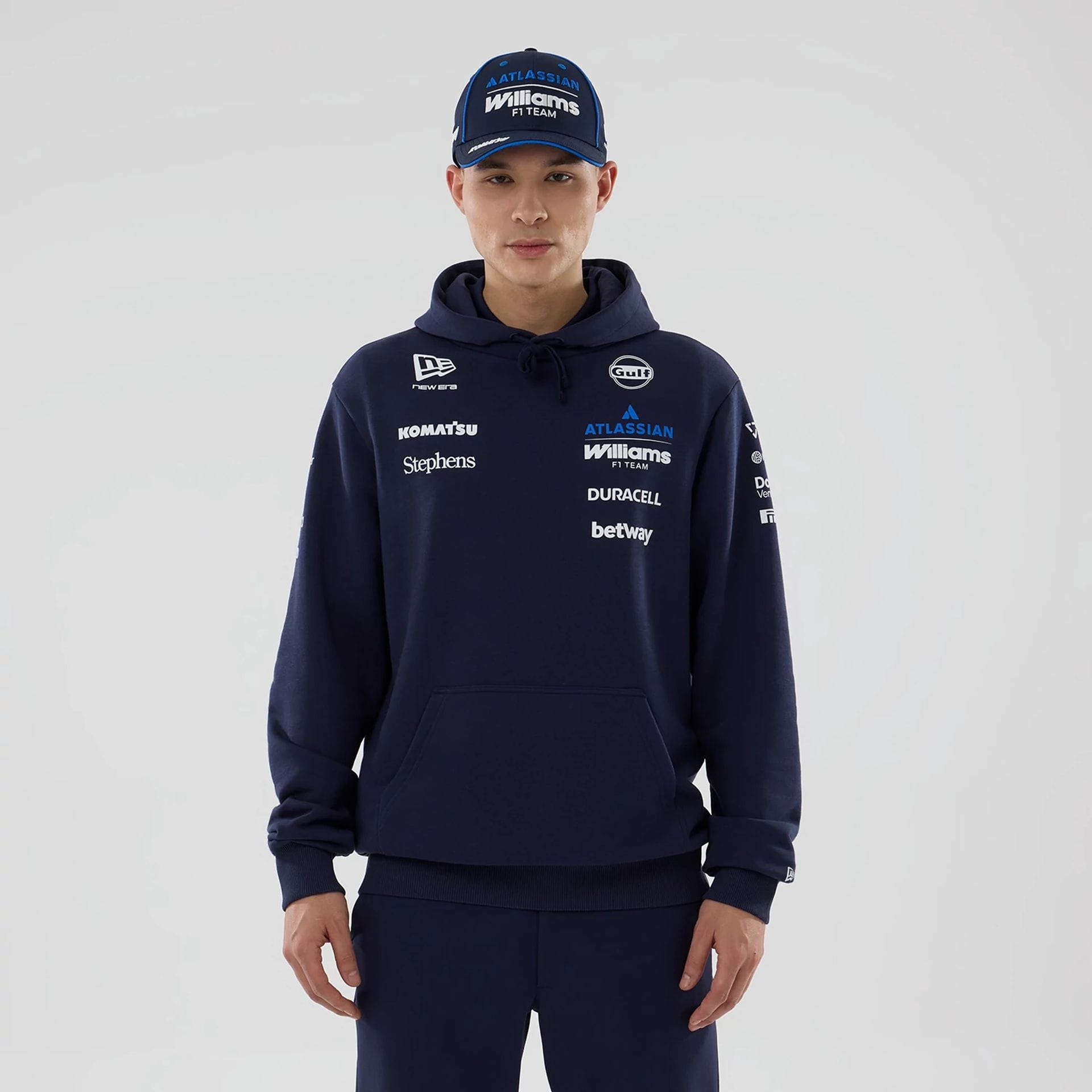 The model is wearing this Replica Atlassian Williams F1 Team Pullover Hoodie in navy. 1