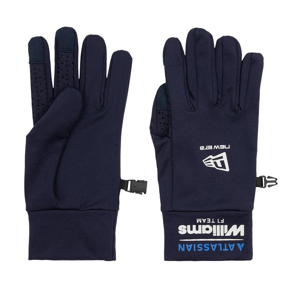 New Era Williams Navy E-Touch Gloves, front view showing the navy fabric with black grip dots on the inner fingers, the white New Era logo and lettering on the back of the hand, and a plastic buckle for attachment at the wrists.