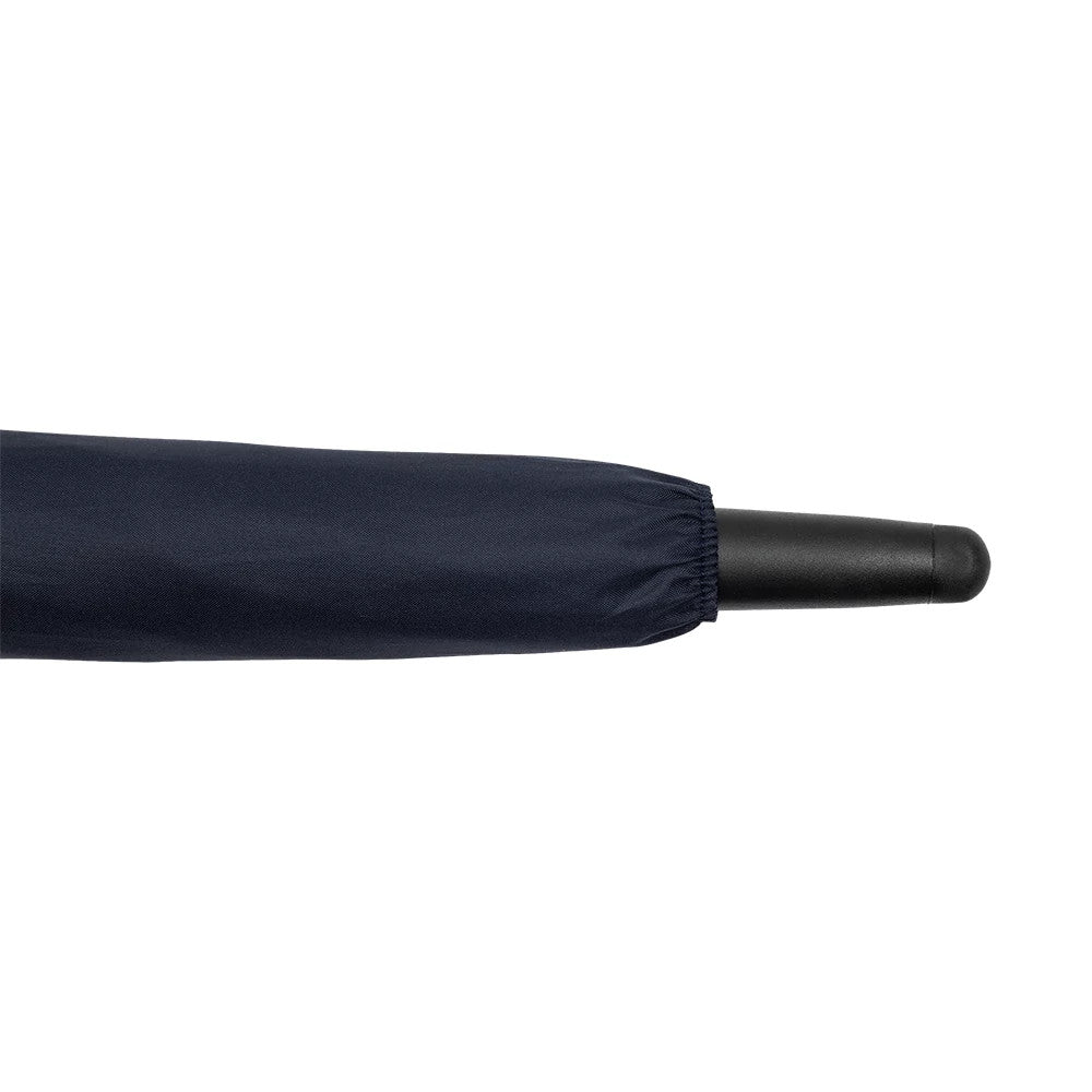 New Era Williams Team Navy Umbrella, close-up view showing the black handle partially covered by a fitted navy blue fabric sleeve, creating a streamlined look with fine stitching along the edges.