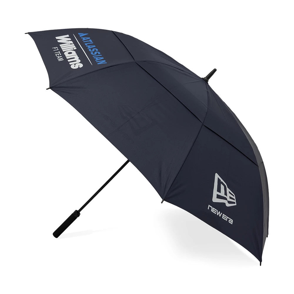 New Era Williams Team Navy Umbrella, front view showing the large New Era logo on one panel, Williams and ATLASSIAN branding prominently displayed in white and blue on other panels, featuring a black handle and structure.