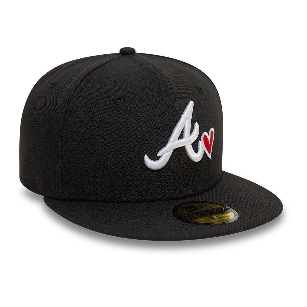 Atlanta Braves MLB Heart Icon Black New Era 59FIFTY Fitted Cap, front view showing the white raised embroidered A logo with a red heart on the black front panel, complemented by a black flat visor and gold 59FIFTY size sticker.