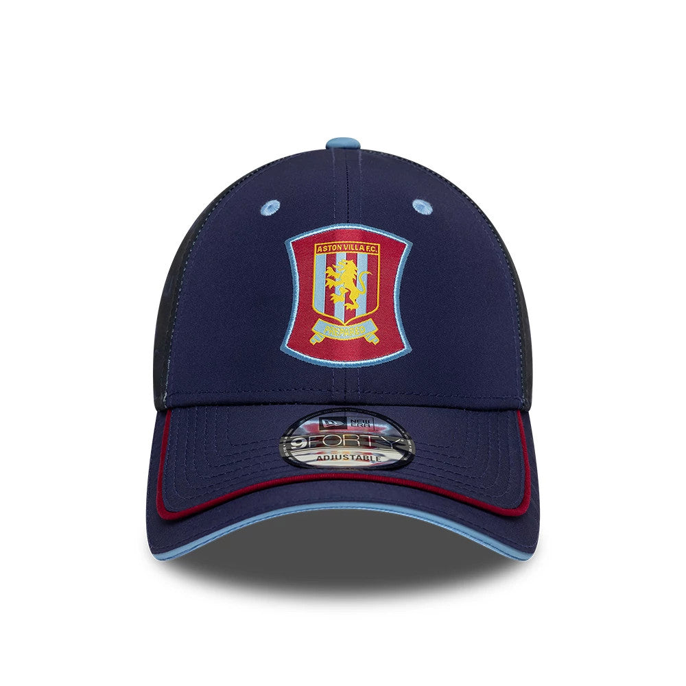 Aston Villa FC 96 Navy New Era 9FORTY Adjustable Cap, front view showing the club crest in yellow, blue, and claret raised embroidery on the front panel, with a navy crown, a light blue top button, and a 9FORTY size sticker on the navy visor.