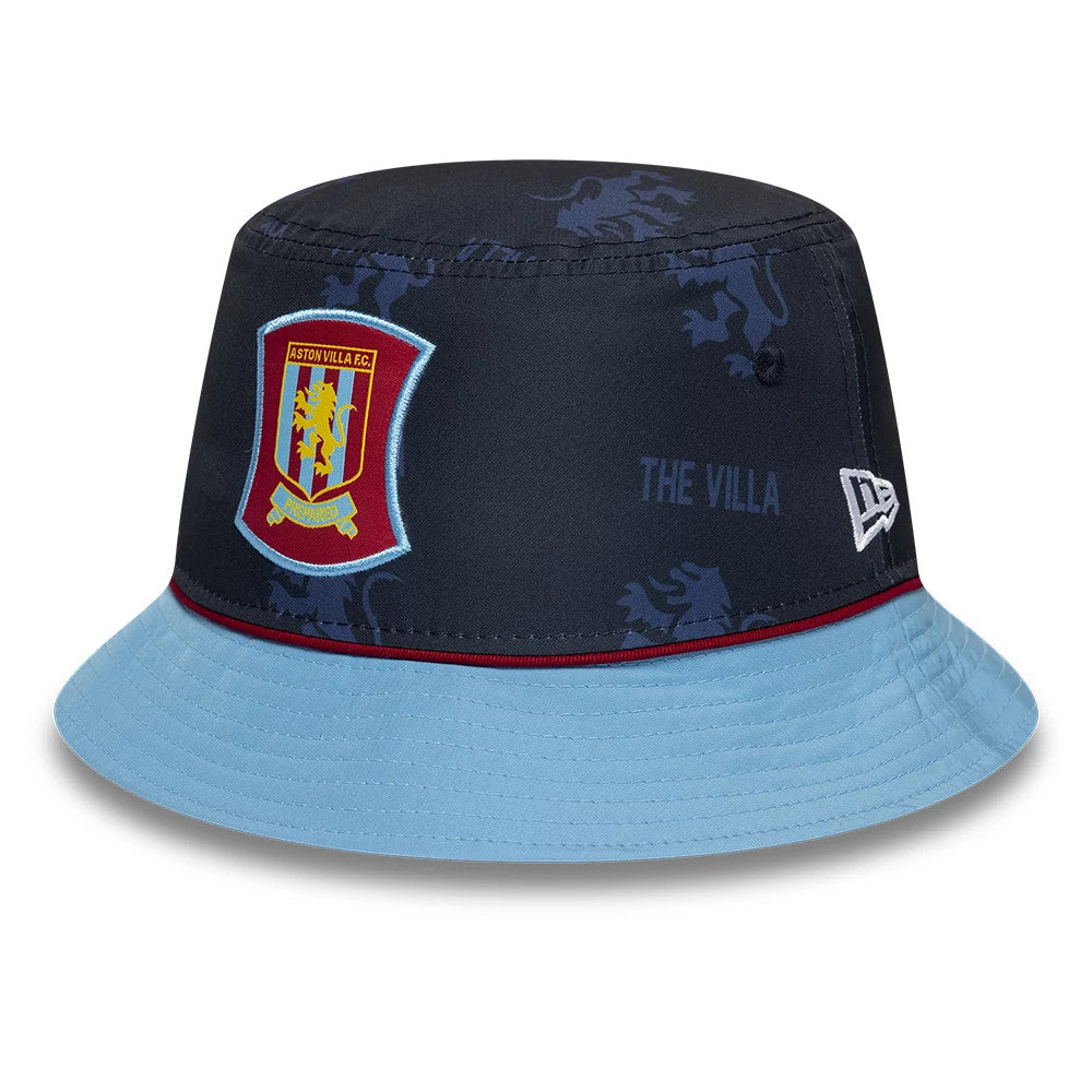New Era Aston Villa FC 96 Navy Bucket Hat, front view showing the team crest embroidered on the navy crown, with lion graphics and THE VILLA text, alongside New Era flag logo on the right, finished with a light blue visor.