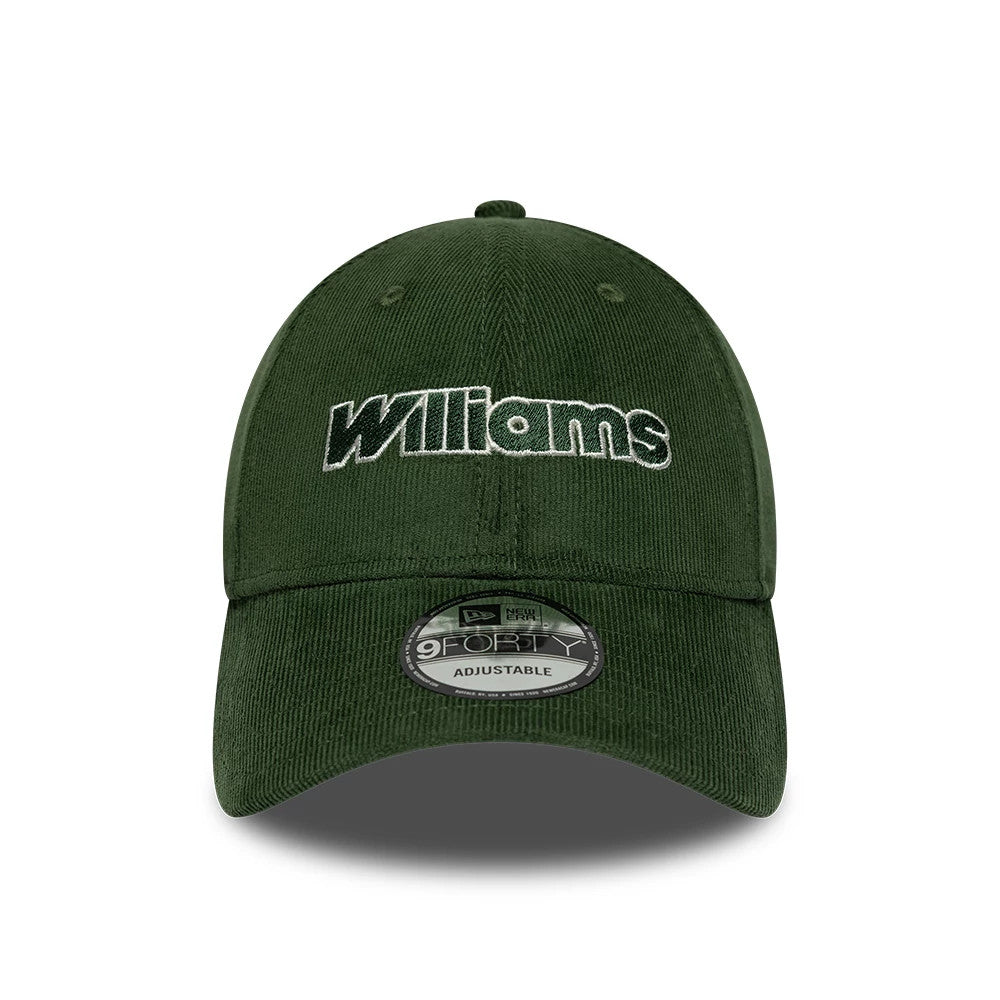 Williams Traditional Cord Dark Green New Era 9FORTY Adjustable Cap, front view showing white raised embroidered Williams lettering centred on the dark green corduroy crown, with matching visor and a 9FORTY size sticker on the visor.