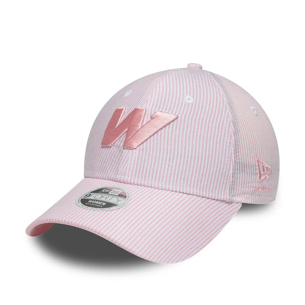 Williams Womens Seersucker Pastel Pink New Era 9FORTY Adjustable Cap, three-quarter view showing raised pastel pink embroidered W on the front panel, matching pink and white striped fabric, and New Era flag logo on the left side.