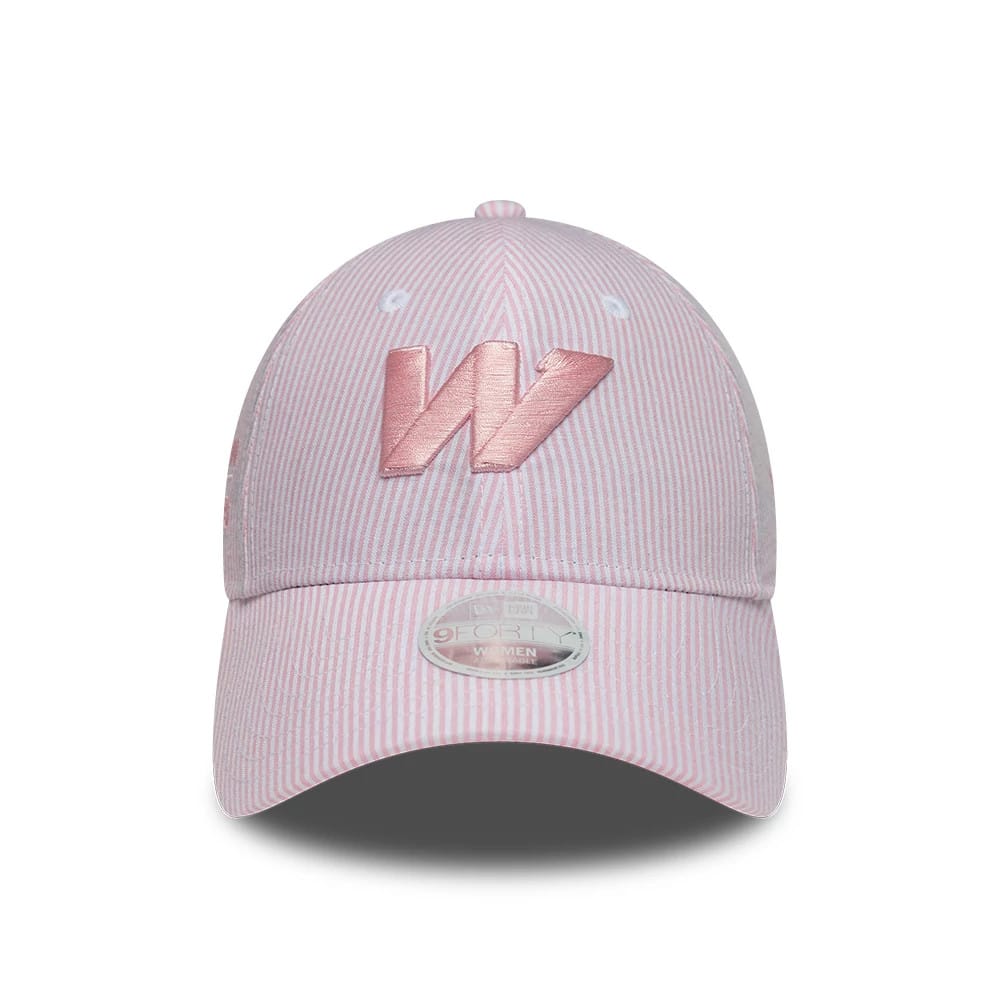 Williams Womens Seersucker Pastel Pink New Era 9FORTY Adjustable Cap, front view showing the raised pink embroidered W logo on the striped seersucker pattern, white eyelets on the crown, and the 9FORTY size sticker on the visor.