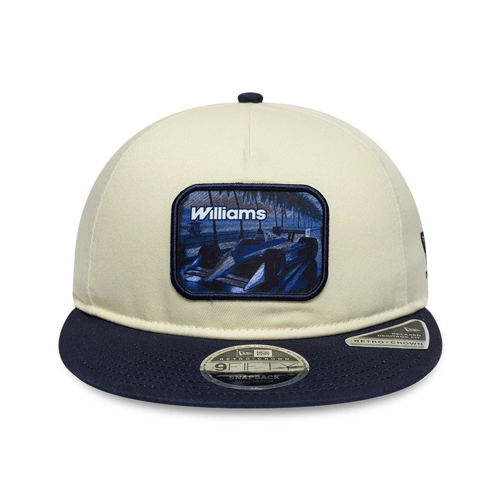 Williams New Wave Cream Retro Crown New Era 9FIFTY Adjustable Cap, front view showing a blue and white Williams racing embroidery on the cream front panel, contrasted by a dark flat visor with the 9FIFTY size sticker on top.