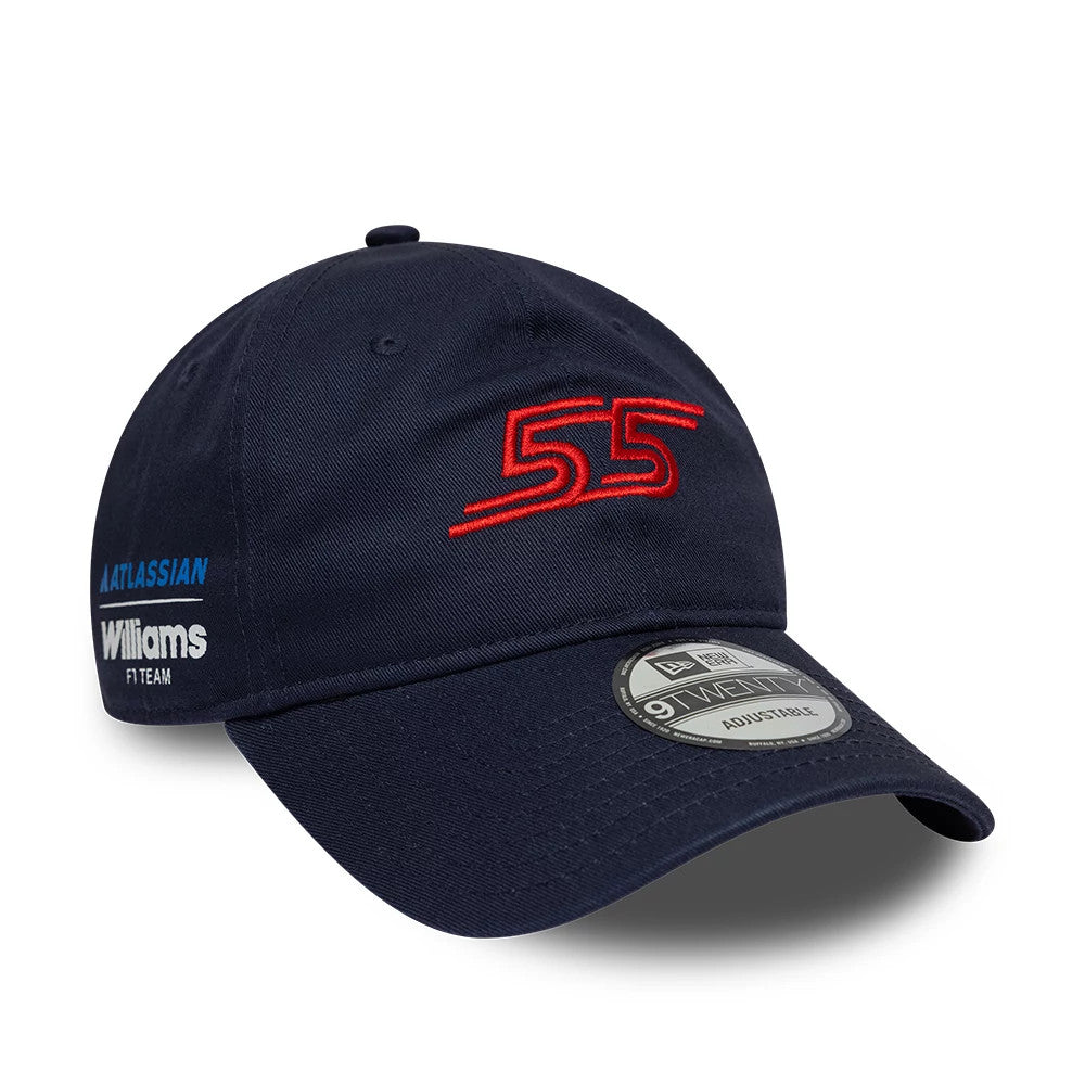 Williams Carlos Sainz Navy New Era 9TWENTY Adjustable Cap, three-quarter view showing the red embroidered 55 on the front panel, the Atlassian and Williams logos on the left side, and the 9TWENTY size sticker on the curved visor.