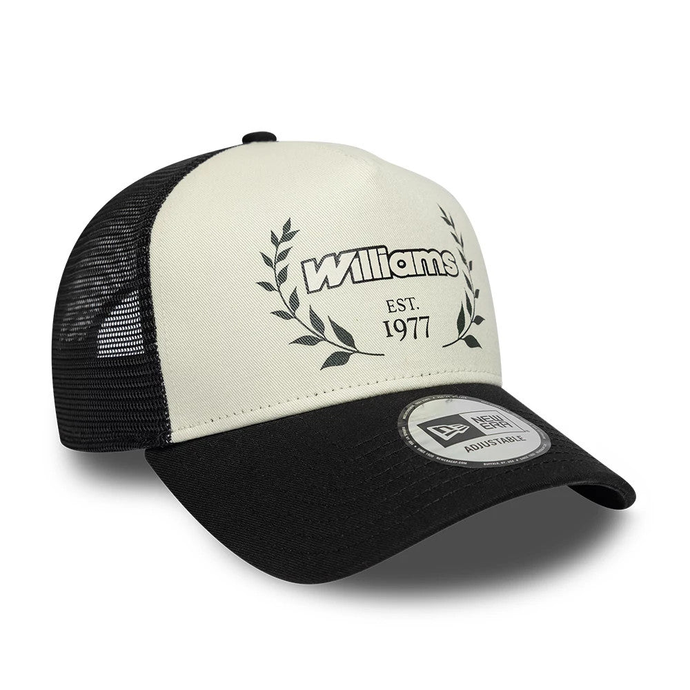 Williams Traditional Black New Era 9FORTY A-Frame Trucker Adjustable Cap, front view showing raised Williams embroidered logo with laurel design, black curved visor with New Era adjustable sticker, and black mesh back panels.