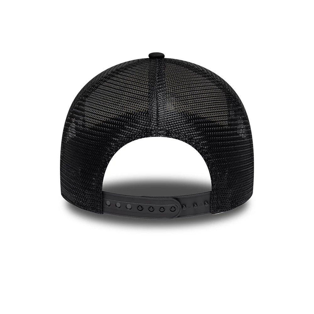 Williams Traditional Black New Era 9FORTY A-Frame Trucker Adjustable Cap, rear view showing the open mesh back panels with a structured, curved shape, and a black adjustable snapback closure, highlighting its trucker style.