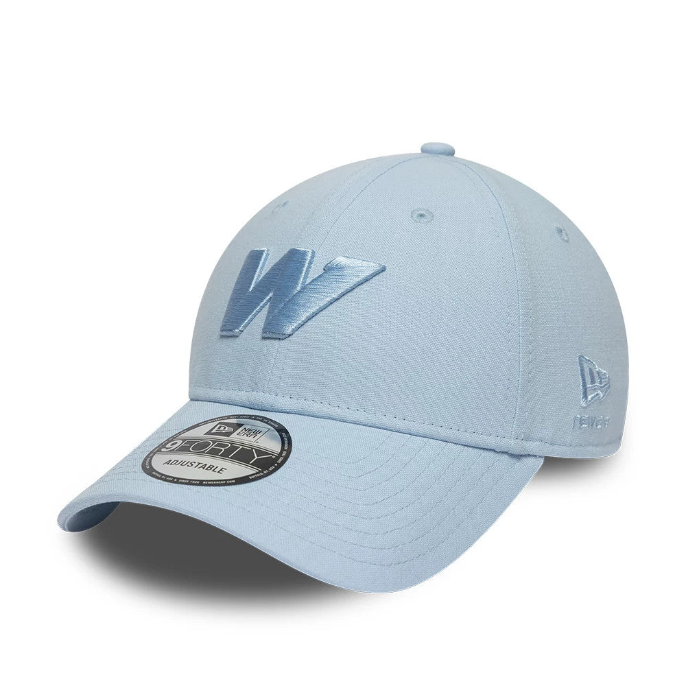 Williams New Wave Linen Pastel Blue New Era 9FORTY Adjustable Cap, three-quarter view showing a raised pastel blue W embroidered on the front panel, with a matching pastel blue visor and a 9FORTY size sticker prominently displayed.