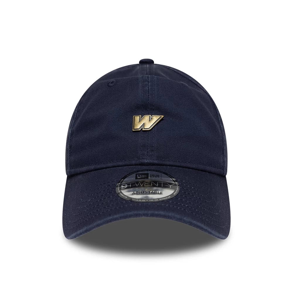 Williams Traditional Washed Navy New Era 9TWENTY Adjustable Cap, front view showing a gold embroidered W logo on the unstructured navy crown, with matching navy visor and a 9TWENTY size sticker on the centre.