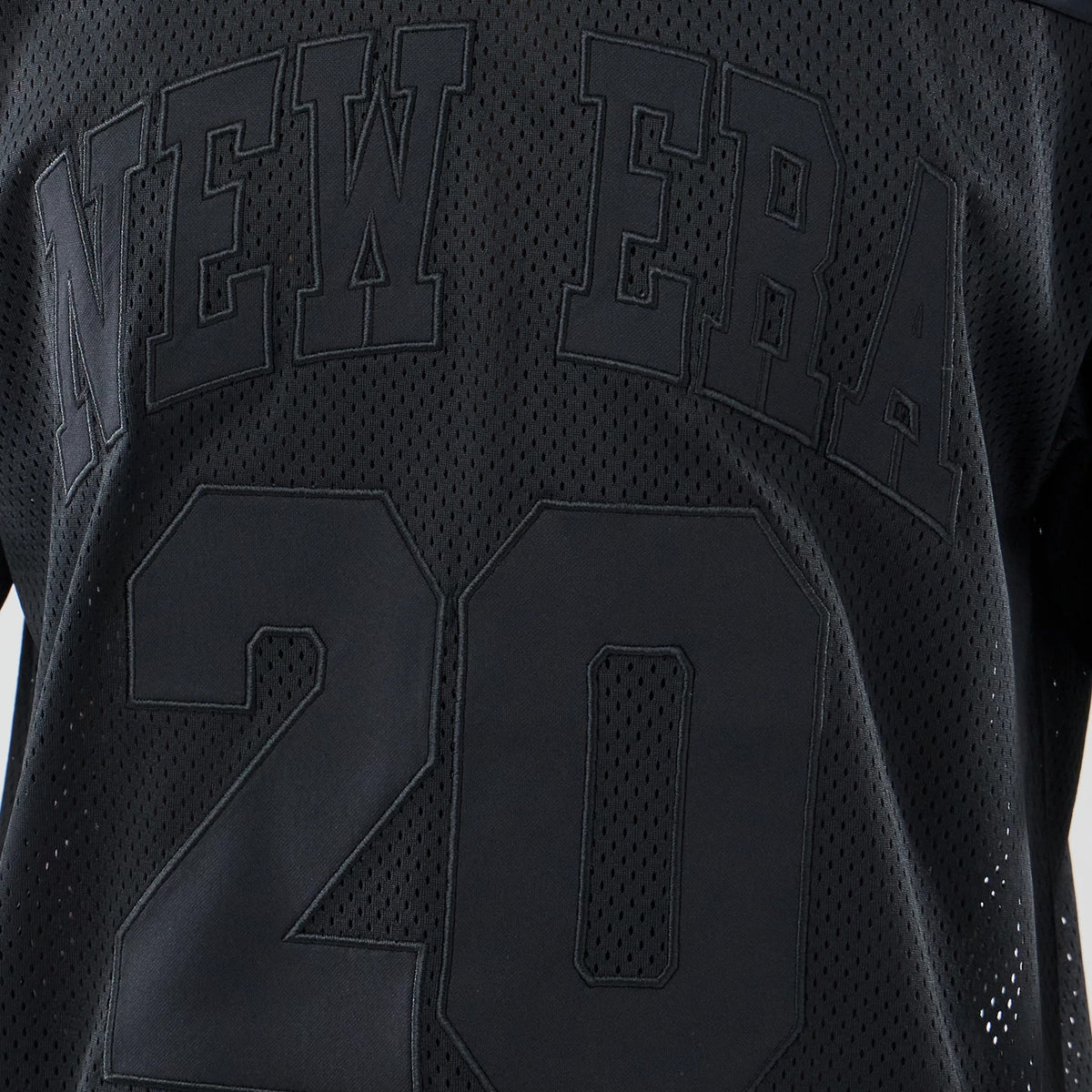 New Era Mesh Black Oversized T-Shirt, back view showing large embroidered New Era lettering across the upper back and prominent number 20 below, all in black on a black mesh fabric, highlighting the oversized basketball-inspired design.