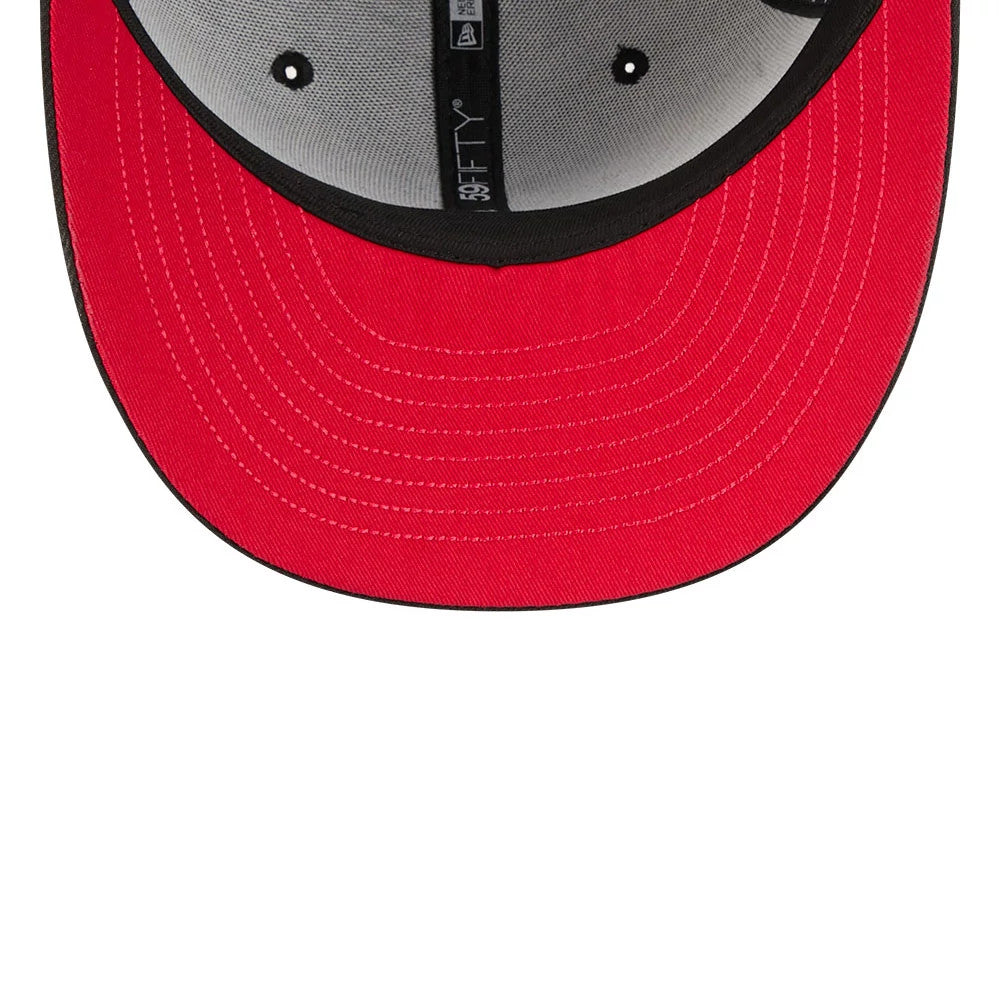 LA Dodgers MLB Cinco De Mayo Black New Era 59FIFTY Fitted Cap, inside view showing a bright red undervisor with contrast stitching, a black sweatband, and 59FIFTY branded taping with two black eyelets on the grey inner crown.