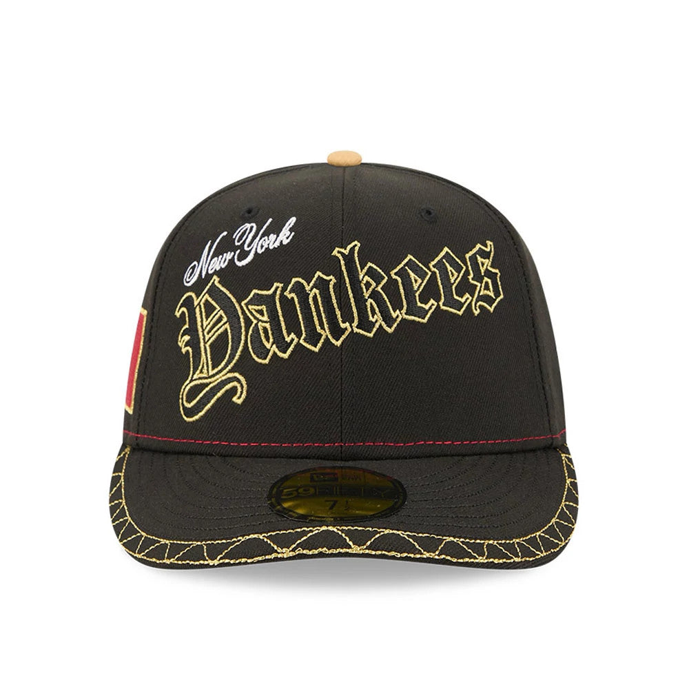 New York Yankees MLB Cinco De Mayo Black New Era 59FIFTY Fitted Cap, front view showing the raised gold embroidered Yankees script on the front panel, with a yellow and gold patterned visor and a 59FIFTY size sticker on the black visor.